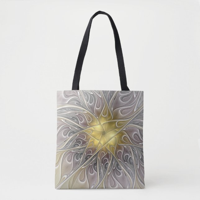 Bolsa Tote Floreio Com Dourada Flor Fractal Abstrato Moderna (Frente)