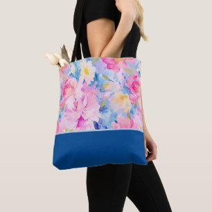 Bolsa Tote Flores Abstratas de Aquarela Rosa e Azul Bloco de 