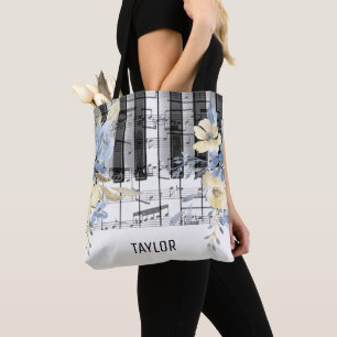 Bolsa Tote flores amarelas azuis notas musica piano