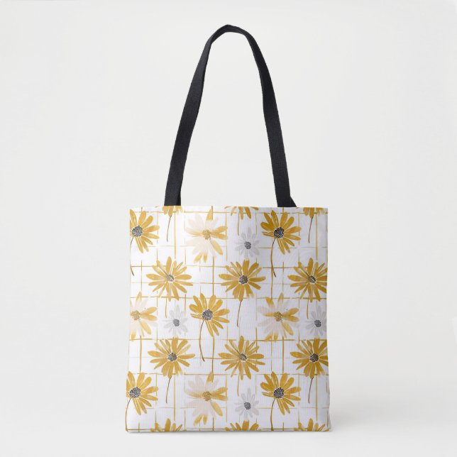 Bolsa Tote Flores amarelas e brancas - Xadrez de Ouro em difi (Frente)