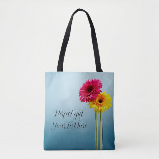 Bolsa Tote flores amarelas e vermelhas em azul para este bols