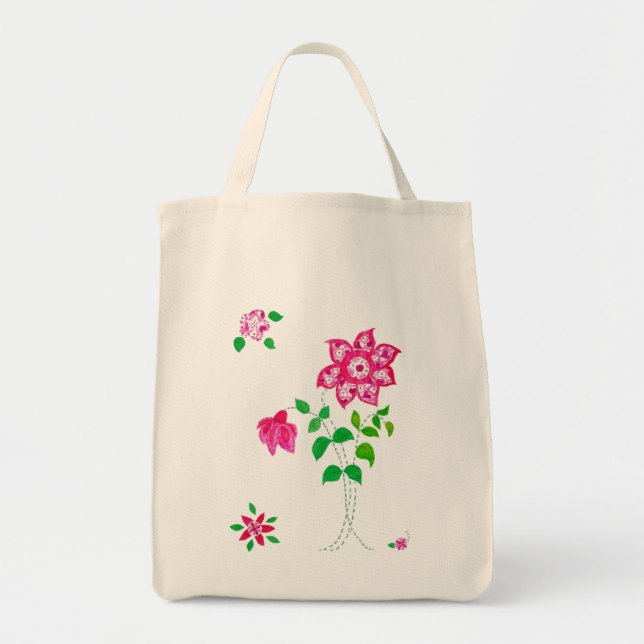 Bolsa Tote Flores Applique, rosa e branco (Frente)