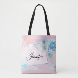 Bolsa Tote Flores Azuis bonito em Fundo Rosa