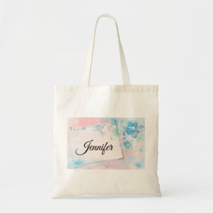 Bolsa Tote Flores Azuis Bonito em Fundo Rosa