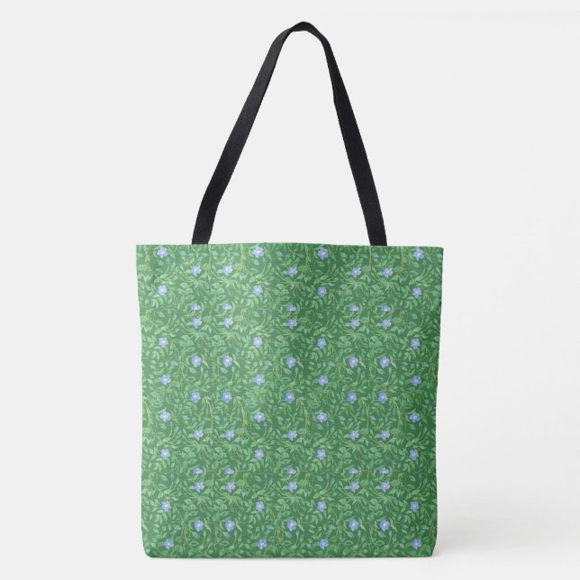 Bolsa Tote Flores Azuis Brilhantes em Verde Escuro (Frente)