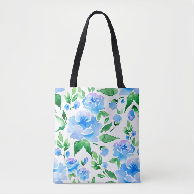 Bolsa Tote Flores azuis de cor aquosa (Frente)