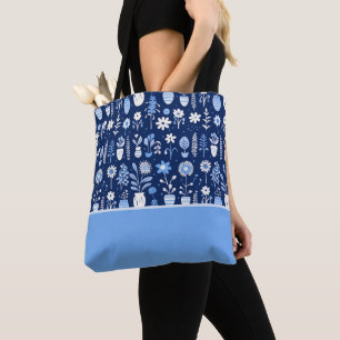 Bolsa Tote Flores Azuis e Brancas em Vasos, Bloco de Cor