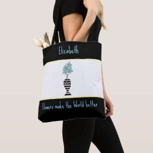 Bolsa Tote Flores Azuis elegantes e faixas de negros