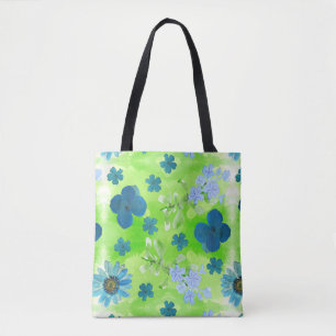 Bolsa Tote Flores Azuis no Verde limão