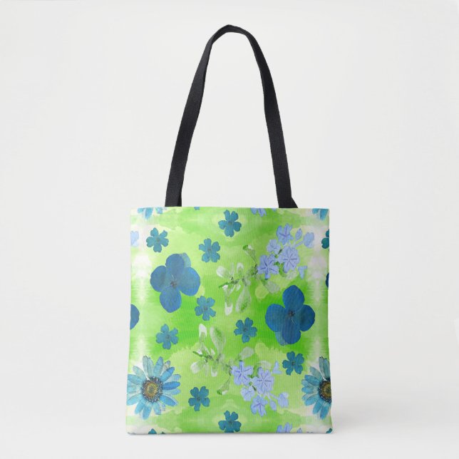 Bolsa Tote Flores Azuis no Verde limão (Frente)