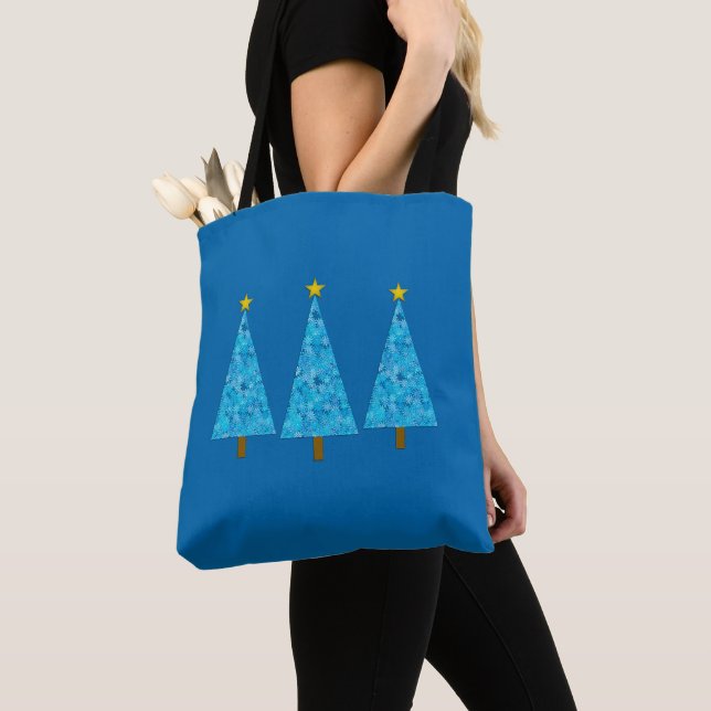 Bolsa Tote Flores Azuis Retro Árvore de Natal Moderna (Close Up)