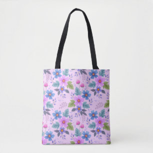 Bolsa Tote Flores Azuis-Rosa-Flor Violeta Padrão-36841