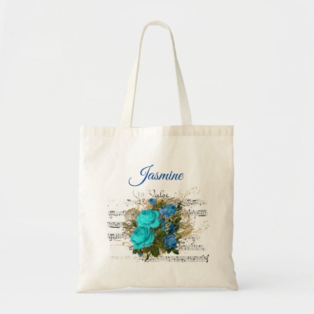 Bolsa Tote Flores Azuis - Tote Bag de Nome Personalizado (Frente)