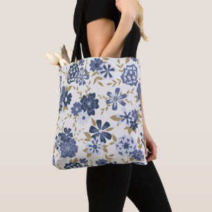 Bolsa Tote Flores Azuis Vinha Comprada Botânica