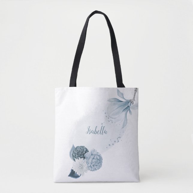 Bolsa Tote flores azul naval empoeiradas botânico (Frente)