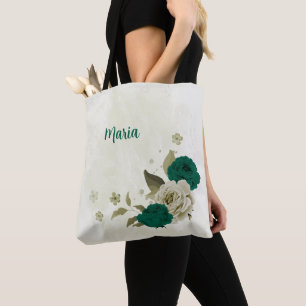 Bolsa Tote flores bege esmeralda verde