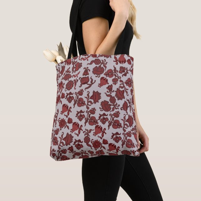 Bolsa Tote Flores Bohemian Chic Floral Boho Red Cinza (Close Up)