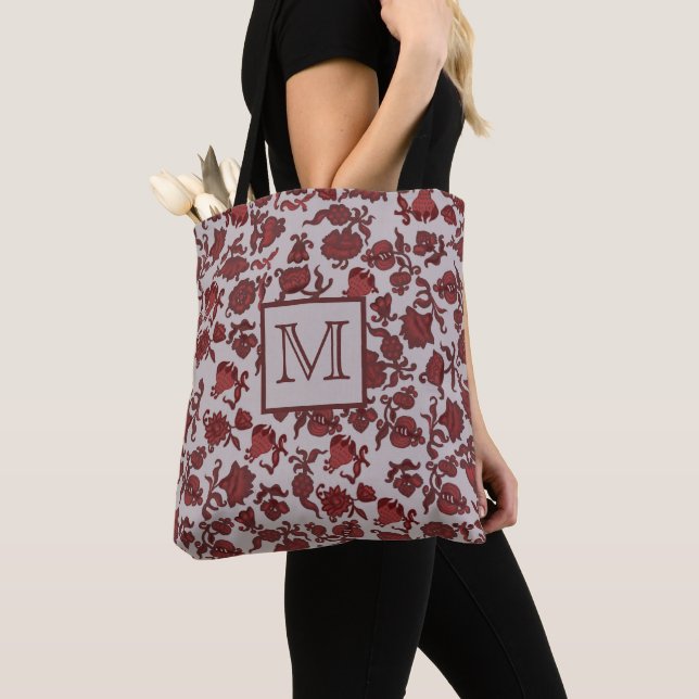 Bolsa Tote Flores Bohemian Chic Floral Boho Red Monogre (Close Up)