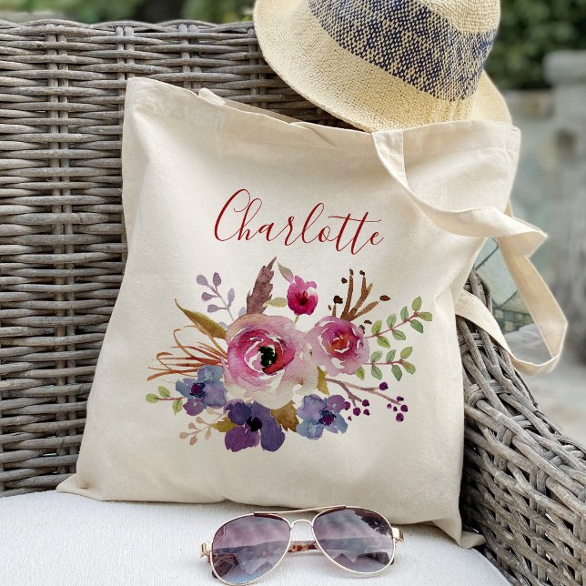 Bolsa Tote Flores boho aguarela Bridesmaid Personalizado (Criador carregado)