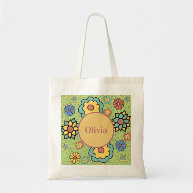 Bolsa Tote Flores Boho Lindas Verde Amarelo Azul (Frente)