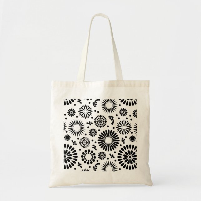 Bolsa Tote Flores boho Padrão floral vetorial preto e branco (Frente)