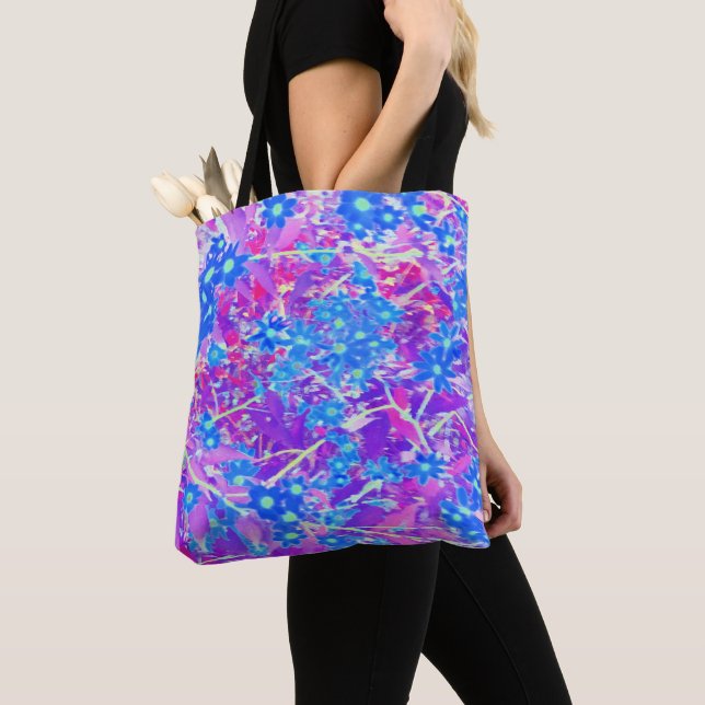 Bolsa Tote Flores bonito de Azul Violeta e Verde limão (Close Up)