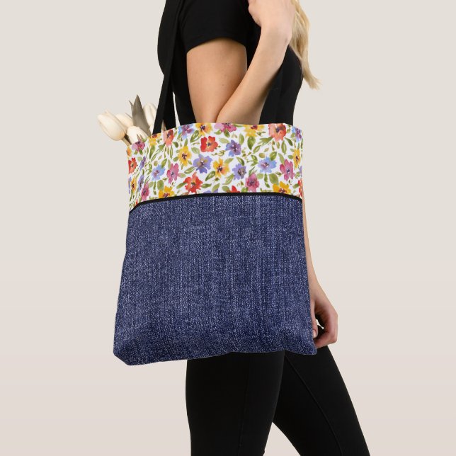 Bolsa Tote Flores bonito e denim (Close Up)