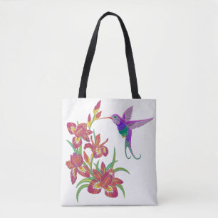 Bolsa Tote Flores bordadas do colibri e da íris