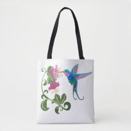 Bolsa Tote Flores bordadas do colibri e do hibiscus
