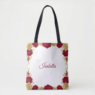 Bolsa Tote flores borgonha & folhas douradas brancas