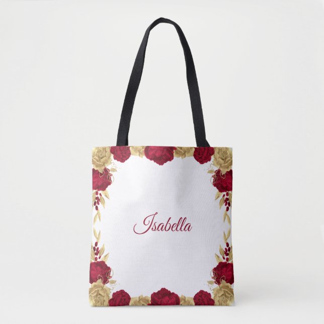 Bolsa Tote flores borgonha & folhas douradas brancas (Frente)