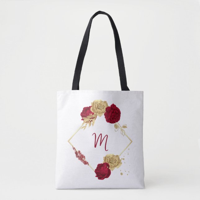 Bolsa Tote flores borgonha & folhas douradas branco (Frente)