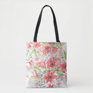 Bolsa Tote Flores botânicas buquês com aves. Primavera selvag