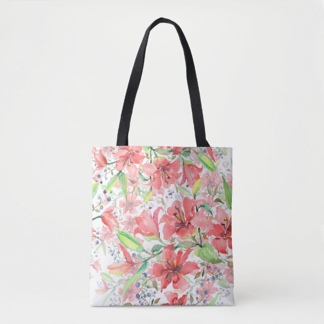 Bolsa Tote Flores botânicas buquês com aves. Primavera selvag (Frente)