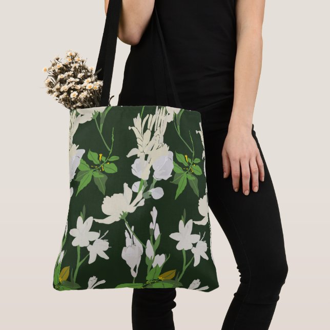 Bolsa Tote Flores brancas 1 verde escuro (Close Up)