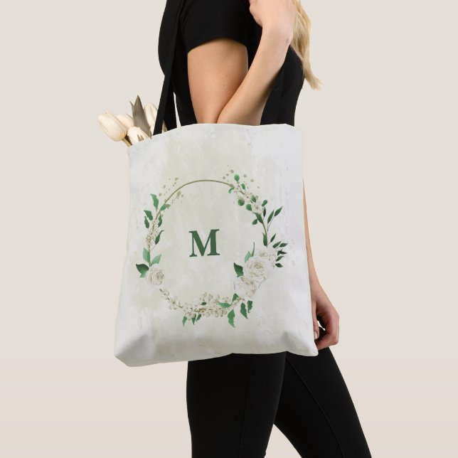 Bolsa Tote flores brancas de marfim verde (Close Up)