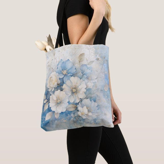 Bolsa Tote Flores Brancas e Azuis (Close Up)