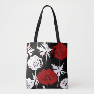 Bolsa Tote Flores brancas e vermelhas a preto.