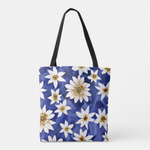 Bolsa Tote Flores Brancas Simples na Cor Azul de Fundo da Águ