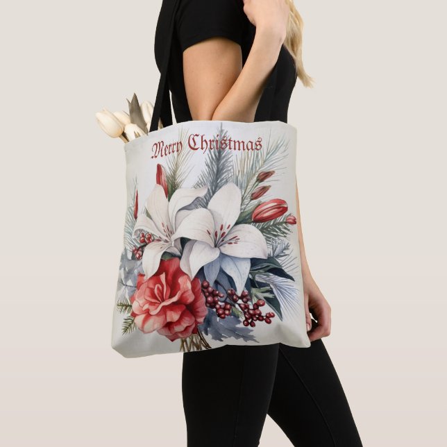 Bolsa Tote Flores Brancas Vermelhas Natal Elegantes Férias (Close Up)