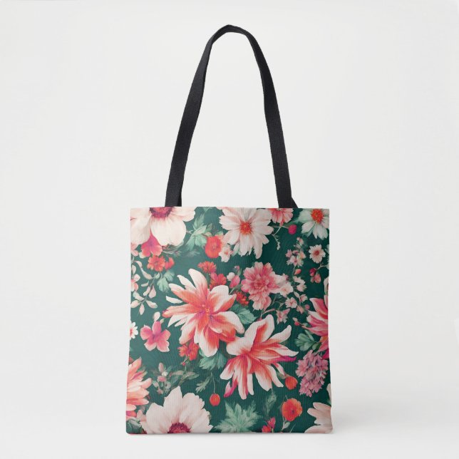 Bolsa Tote Flores Brancas Vibrantes, Vermelhas Rosa e Delicad (Frente)