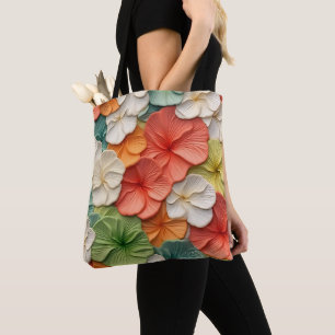 BOLSA TOTE FLORES BRANCOS AMARELOS DE LARANJA VERDE