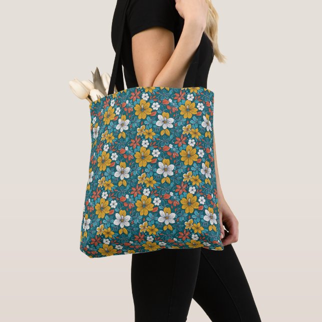 Bolsa Tote Flores Brilhantes, Fundo Escuro (Close Up)