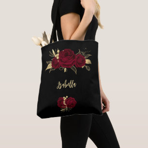 Bolsa Tote flores burguns ouro folhas pretas