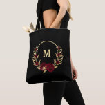 Bolsa Tote flores burguns ouro folhas pretas<br><div class="desc">elegante flores burgundy de luxo com folhas de ouro em saco preto</div>