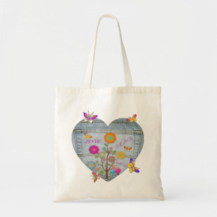 Bolsa Tote Flores Cardíacas Denim Pocket Borboletas
