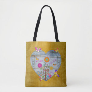 Bolsa Tote Flores Cardíacas Denim Pocket Borboletas