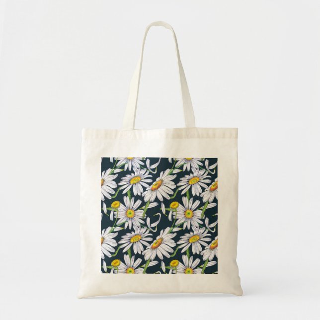 Bolsa Tote Flores Chamomila: Cor Azul Escura Da Água. (Frente)