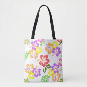 Bolsa Tote Flores Coloridas de Hibiscus em Branco