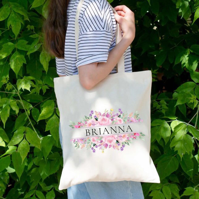 Bolsa Tote Flores Coloridas Elegantes Nome Personalizado Dama (Criador carregado)